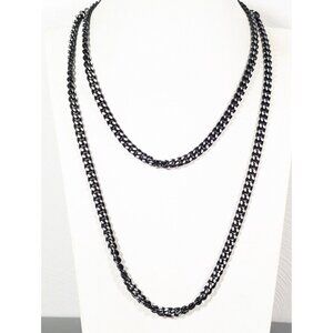 Vintage Black Metallic Silver Tone Curb Cuban Chain Link Necklace Long 38"‎
